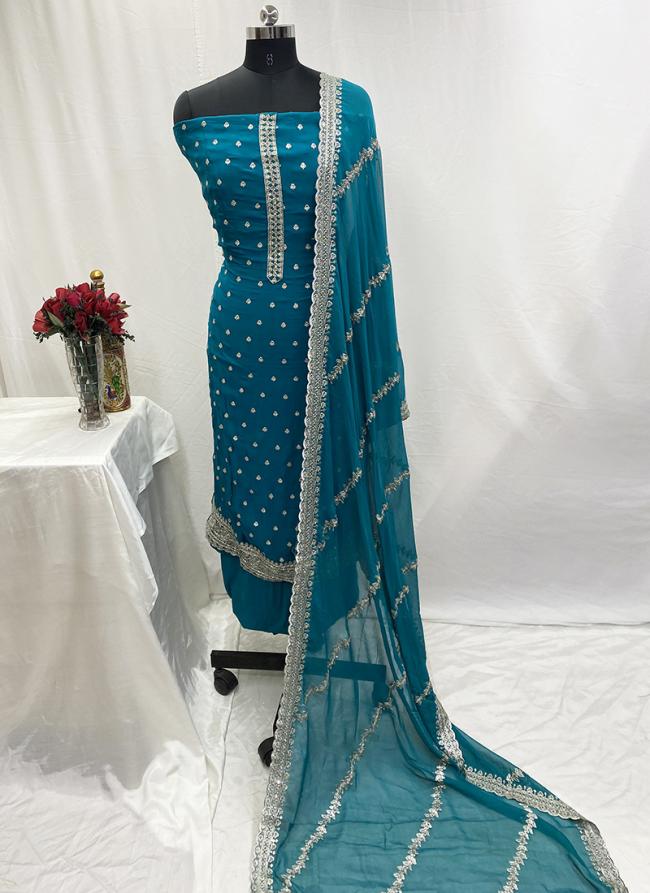 Organza  Blue Festival Wear Zari Work Dress Material